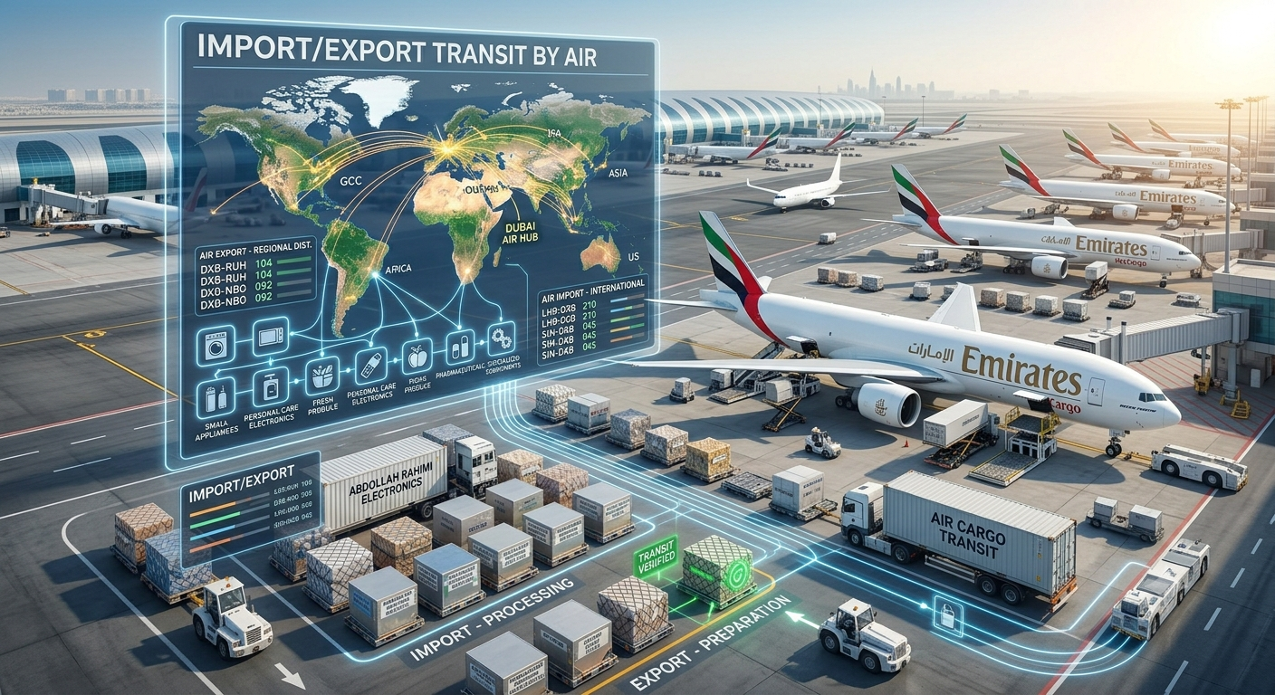 Import Export Transit by Air — Emirates cargo aircraft, Dubai airport