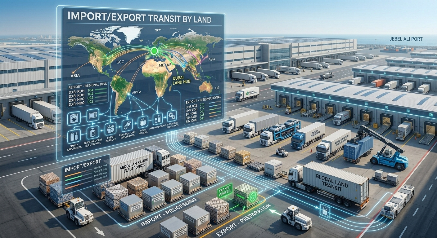 Import Export Transit by Land — truck logistics, Jebel Ali port